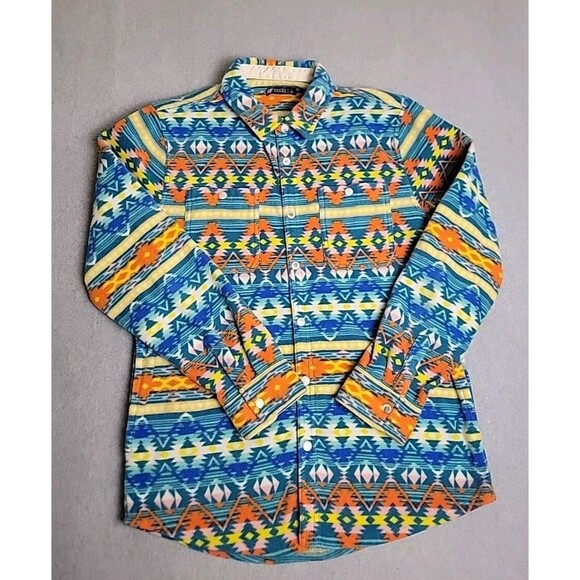 RF Brand Shirt Shacket Mens L Aztec Fleece Orange Blue Yellow Snaps Pockets READ - Picture 1 of 16